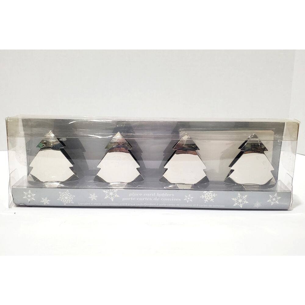 Pier 1 Imports Set of 4 Silver Christmas Tree Place Card Holders w/ Cards NEW